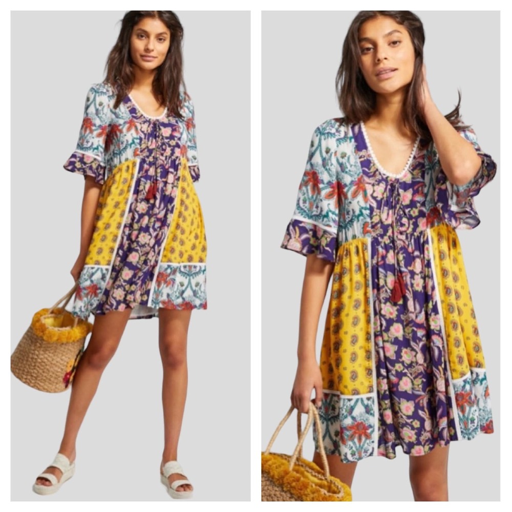 Anthropologie Lilka Patchwork Trapeze Peasant Dress Size Medium